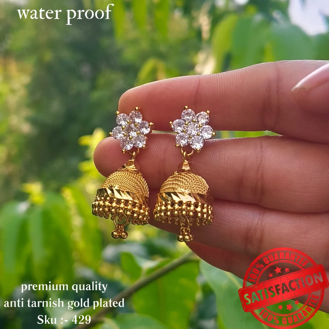 Gold Plated Jhumka Featuring Diamond Model White Stones sku 429