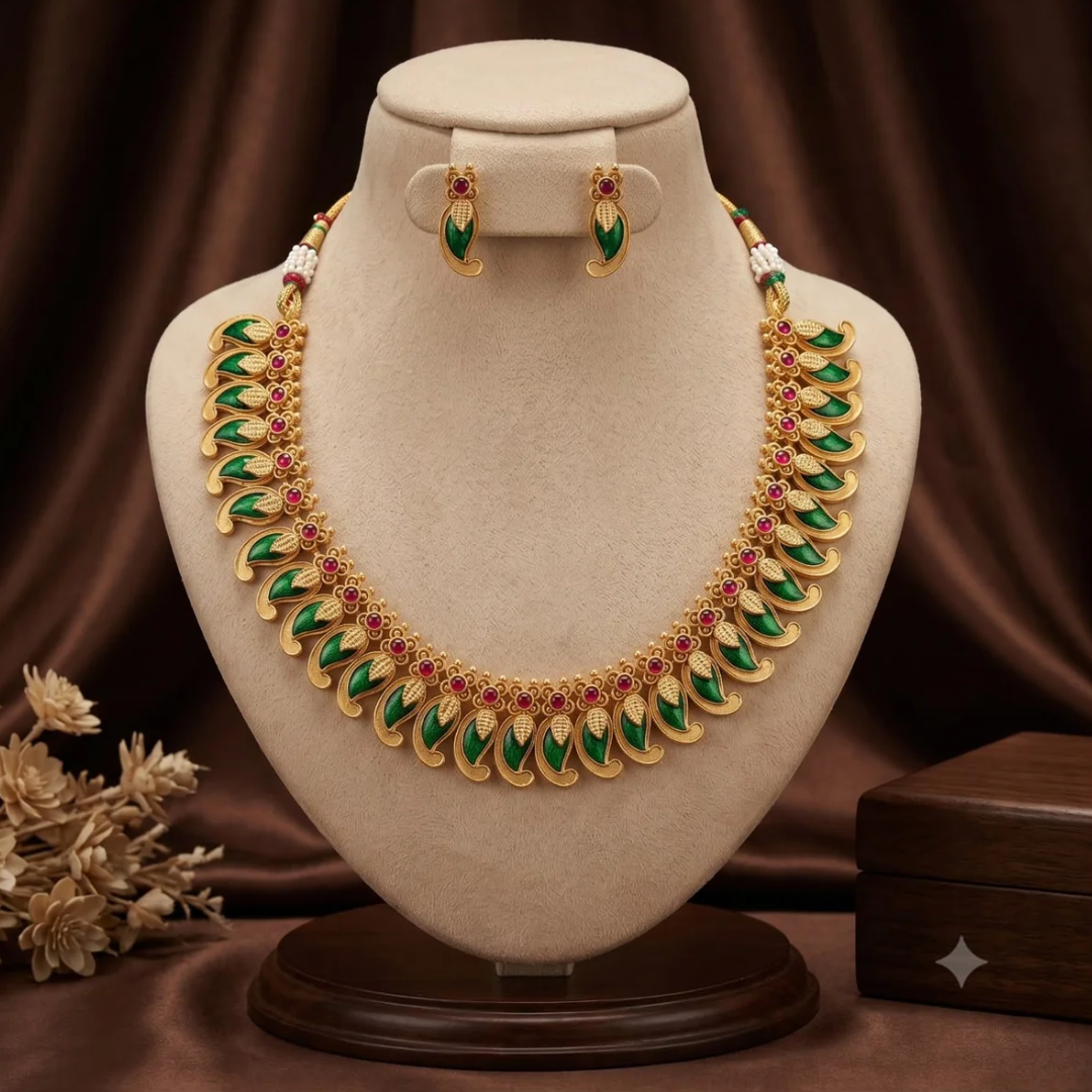 Royal Green Meenakari Peacock Necklace Set sku 1090