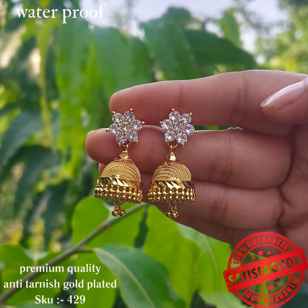 Gold Plated Jhumka Featuring Diamond Model White Stones sku 429